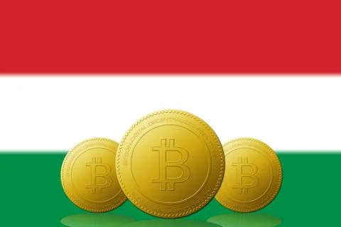Three Bitcoins cryptocurrency with Hungary flag on background. Stock Illustration