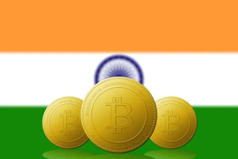 Three Bitcoins cryptocurrency with India flag on background. Stock Illustration
