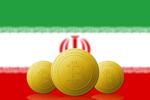 Three Bitcoins cryptocurrency with Iran flag on background. Stock Illustration