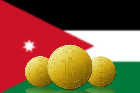 Three Bitcoins cryptocurrency with Jordan flag on background. Stock Illustration