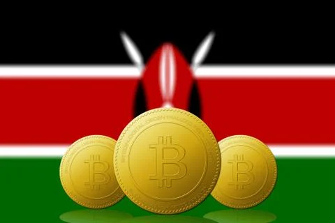 Three Bitcoins cryptocurrency with Kenya flag on background. Stock Illustration