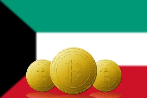 Three Bitcoins cryptocurrency with Kuwait flag on background. Stock Illustration