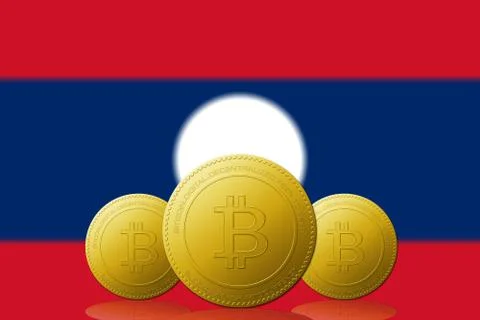 Three Bitcoins cryptocurrency with Laos flag on background. Illustrazione stock