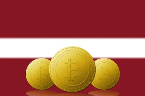 Three Bitcoins cryptocurrency with Latvia flag on background. Stock Illustration