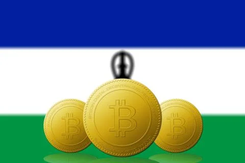 Three Bitcoins cryptocurrency with Lesotho flag on background. Иллюстрация