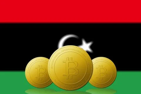 Three Bitcoins cryptocurrency with Libya flag on background. 库存插图