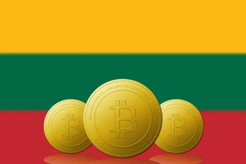 Three Bitcoins cryptocurrency with Lithuania flag on background. Иллюстрация
