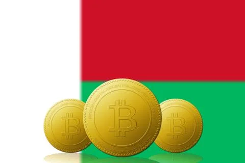 Three Bitcoins cryptocurrency with Madagascar flag on background. 库存插图
