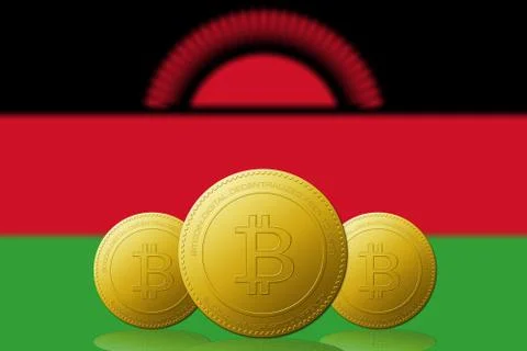 Three Bitcoins cryptocurrency with Malawi flag on background. Stock Illustration