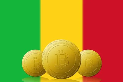 Three Bitcoins cryptocurrency with Mali flag on background. Stock Illustration