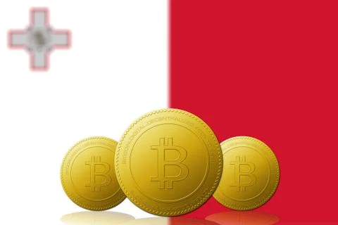 Three Bitcoins cryptocurrency with Malta flag on background. Stock Illustration