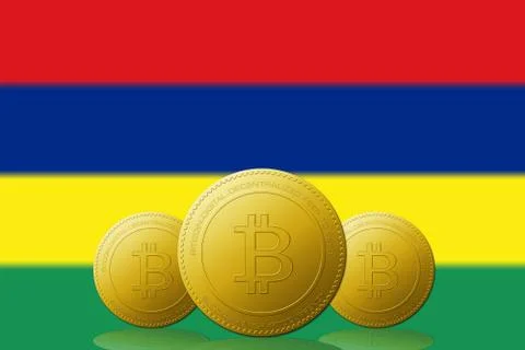 Three Bitcoins cryptocurrency with Mauritius flag on background. Illustrazione stock