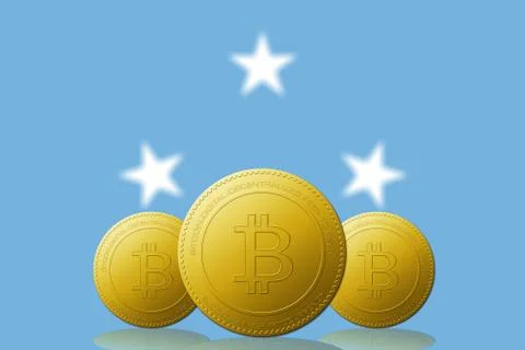 Three Bitcoins cryptocurrency with Micronesia flag on background. Stock Illustration
