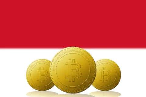 Three Bitcoins cryptocurrency with Monaco flag on background. Stock Illustration