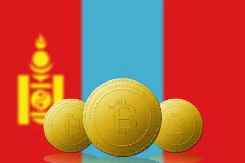 Three Bitcoins cryptocurrency with Mongolia flag on background. Иллюстрация