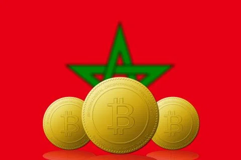 Three Bitcoins cryptocurrency with Morocco flag on background. Иллюстрация