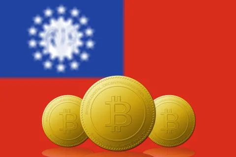 Three Bitcoins cryptocurrency with Myanmar flag on background. Stock Illustration