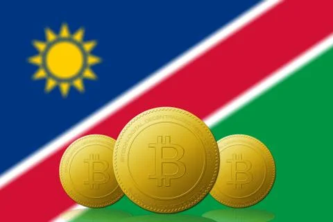 Three Bitcoins cryptocurrency with Namibia flag on background. Stock Illustration