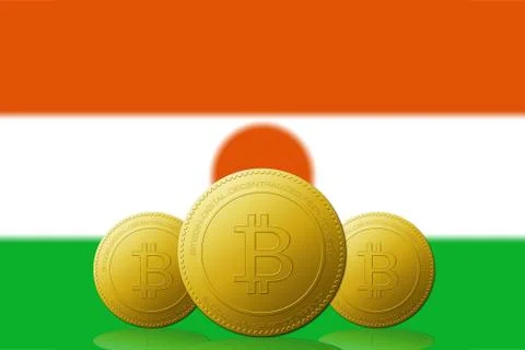 Three Bitcoins cryptocurrency with Niger flag on background. Stock Illustration