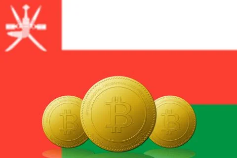 Three Bitcoins cryptocurrency with Oman flag on background. Иллюстрация