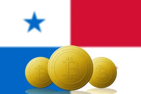 Three Bitcoins cryptocurrency with Panama flag on background. Stock Illustration
