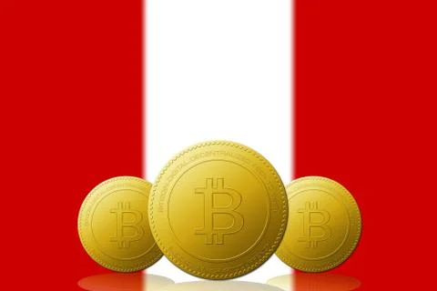 Three Bitcoins cryptocurrency with Peru flag on background. Stock Illustration