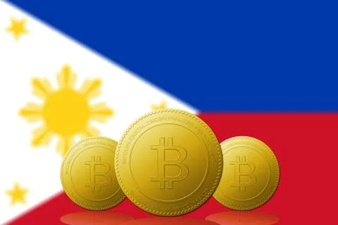 Three Bitcoins cryptocurrency with Philippines flag on background. Stock Illustration