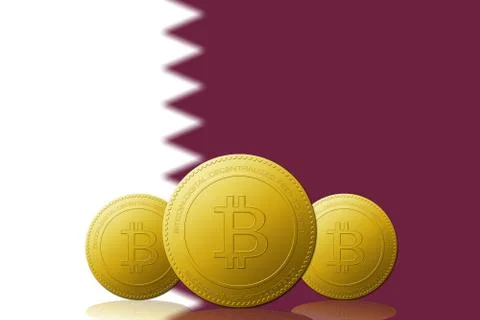 Three Bitcoins cryptocurrency with Qatar flag on background. Иллюстрация