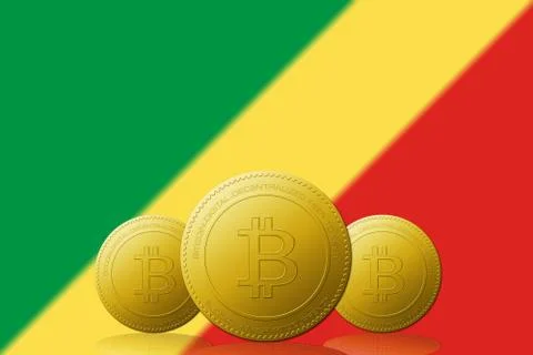 Three Bitcoins cryptocurrency with Republic of Congo flag on background. Illustrazione stock