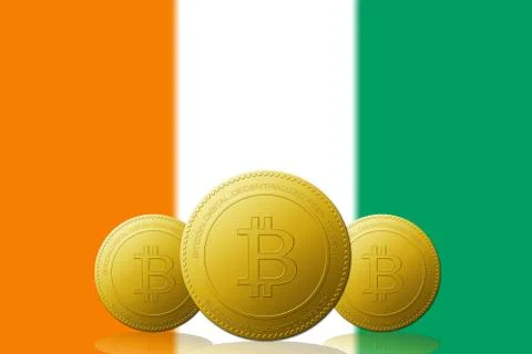 Three Bitcoins cryptocurrency with Republic of Cte d'Ivoire flag on backgroun Stock Illustration
