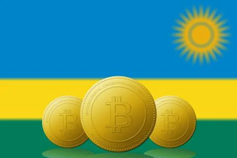 Three Bitcoins cryptocurrency with Rwanda flag on background. Illustrazione stock