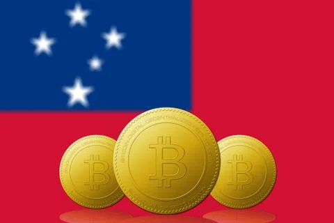 Three Bitcoins cryptocurrency with Samoa flag on background. Stock Illustration