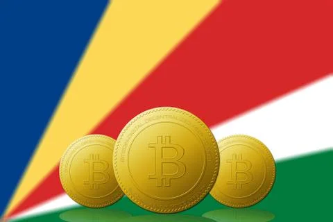 Three Bitcoins cryptocurrency with Seychelles flag on background. Stock Illustration