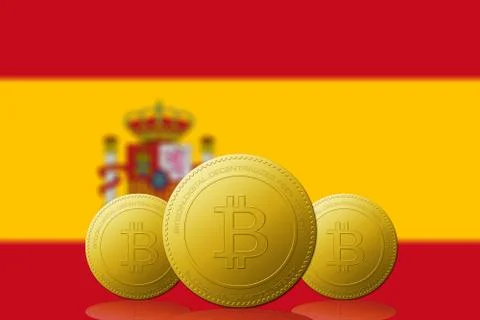 Three Bitcoins cryptocurrency with SPAIN flag on background. Stock Illustration