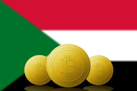Three Bitcoins cryptocurrency with Sudan flag on background. Иллюстрация