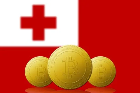 Three Bitcoins cryptocurrency with Tonga flag on background. Иллюстрация