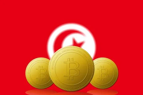 Three Bitcoins cryptocurrency with Tunisia flag on background. Stock Illustration