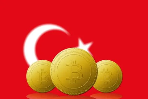 Three Bitcoins cryptocurrency with Turkey flag on background. Иллюстрация