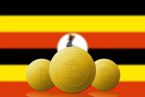 Three Bitcoins cryptocurrency with Uganda flag on background. Stock Illustration