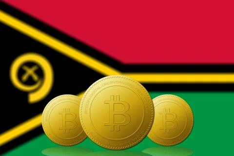 Three Bitcoins cryptocurrency with Vanuatu flag on background. Stock Illustration
