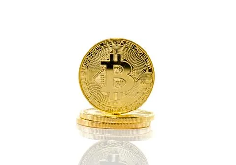 Three bitcoins on white background Stock Photos