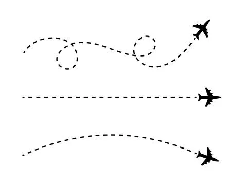 Three black airplanes flying on dashed lines against white background fligh.. Stock Illustration