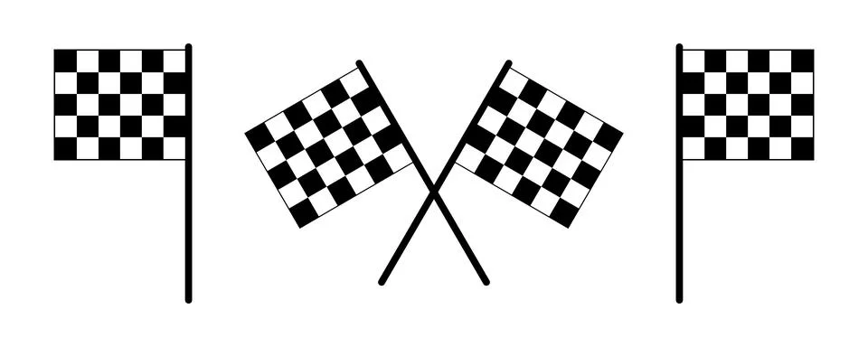 Three black and white checkered racing flags on poles one crossed checkered.. Stock Illustration