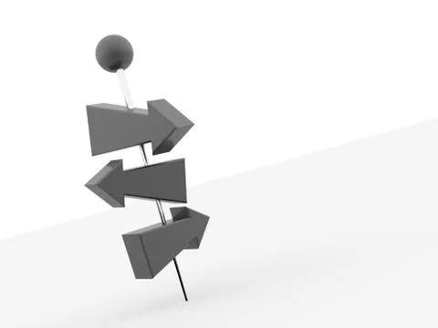 Three black arrows pierced with push pins rendered on white background Stock Illustration