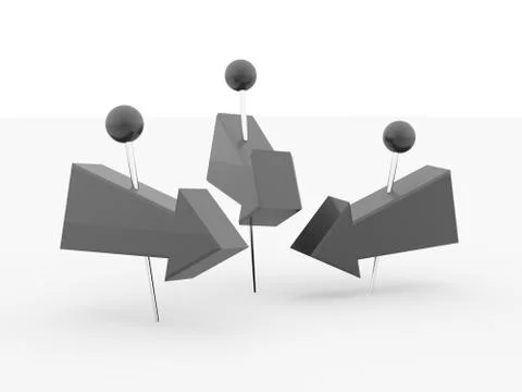 Three black arrows pierced with push pins rendered on white background Stock Illustration