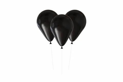 Three black balloons with string on a white background for greetings, cards.. Stock Photos