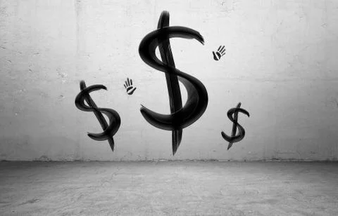 Three black brush painted USD signs and hand prints on grey concrete background Stock Illustration