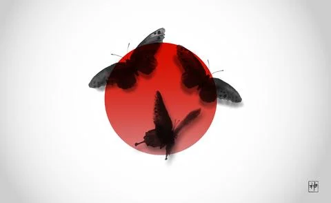 Three black butterflies on red circle. Traditional Japanese ink wash painting Illustrazione stock