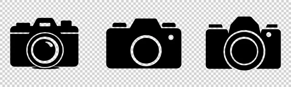 Three black camera icons. Digital photography symbols. Stock Illustration