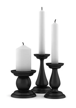 Three black candlesticks with candles isolated on white background Stock Illustration